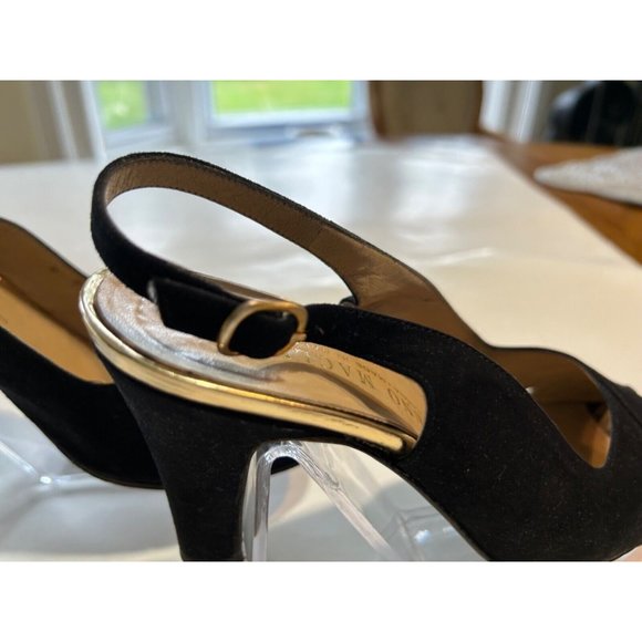Women's Vintage 1980's Bruno Magli Black Gold Suede Heels Size 8M Peep Toe - Picture 6 of 10